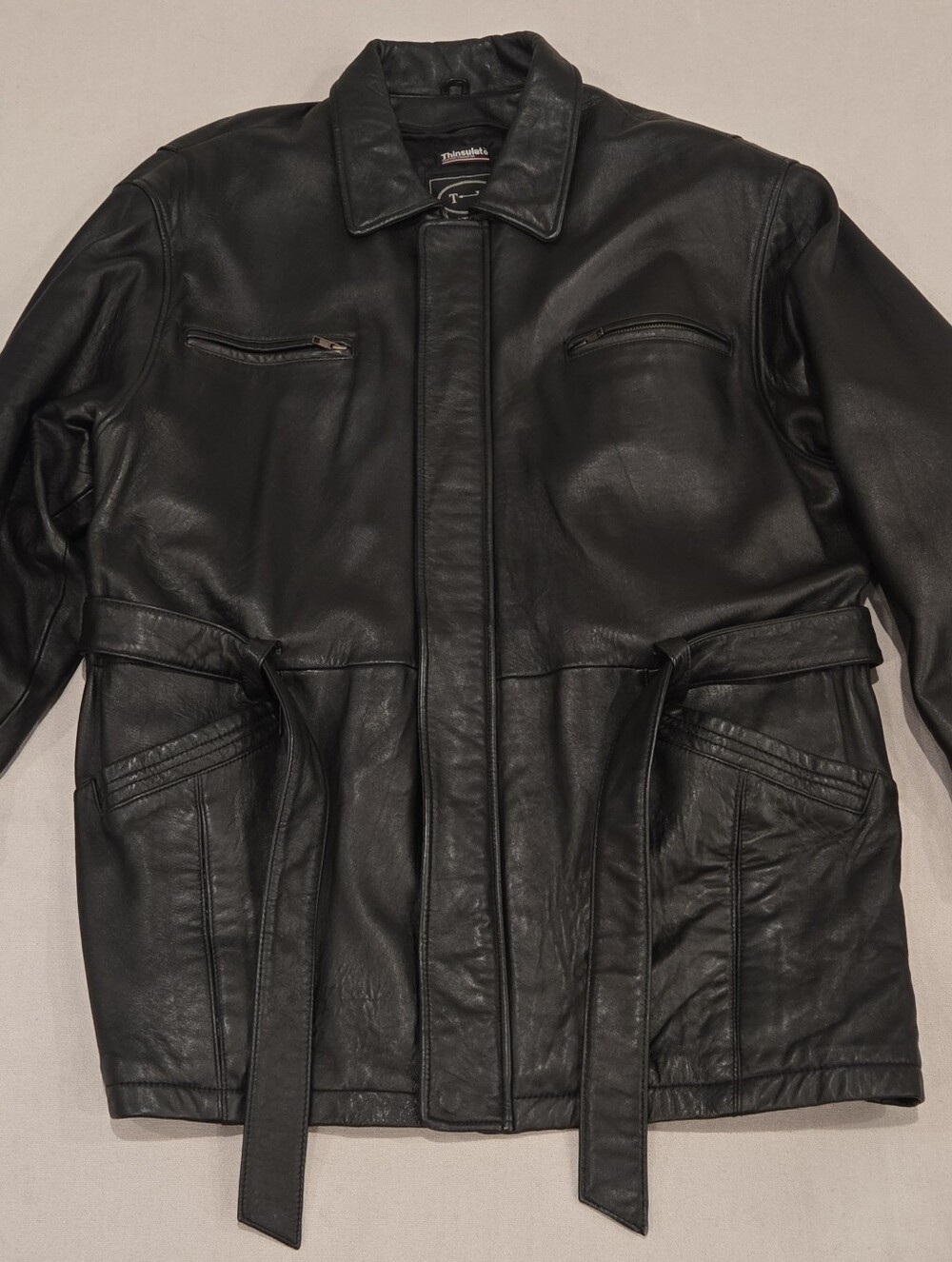 Vtg 90s Tannery West Black Leather Car Coat Jacket Men's Size Large